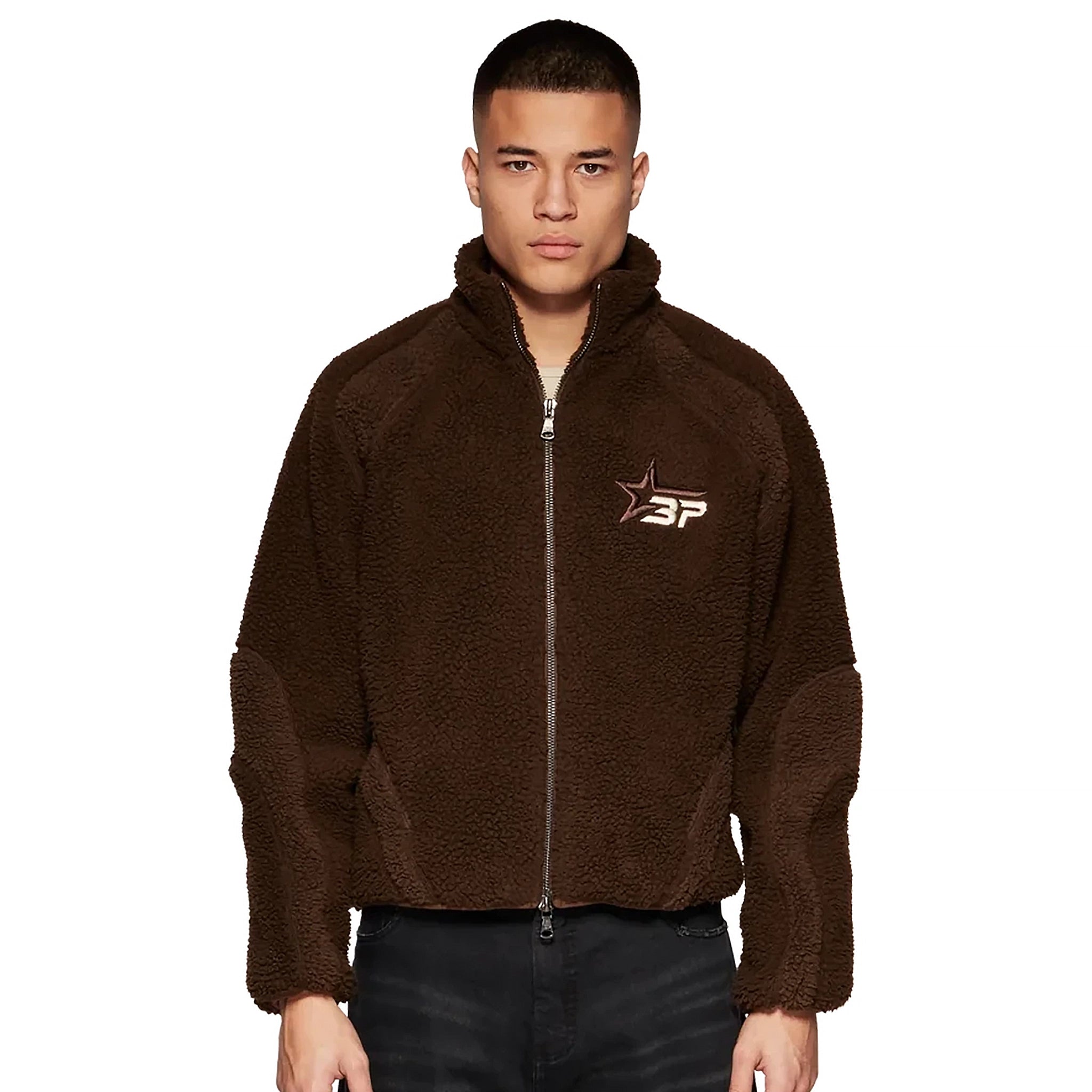 Model front view of Broken Planet Mocha Polar Fleece BP-PL-FL-M_BROWN